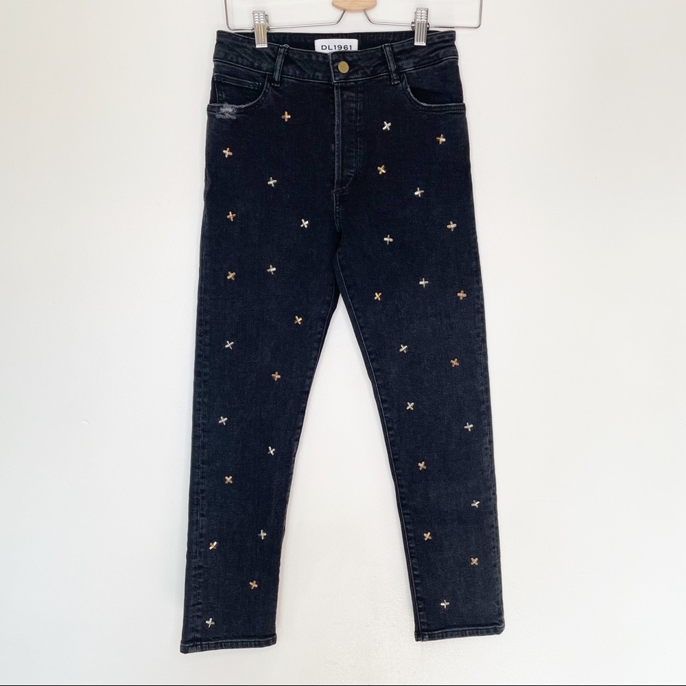 DL1961 Bella Embellished Vintage Slim Jeans in Savannah Studded Cross X Black - Picture 4 of 14